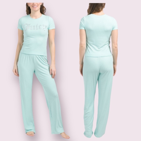 Juicy Couture 2PC Short Sleeve Top & Long Pants Pajama Set, Glacier Aqua - Picture 9 of 9